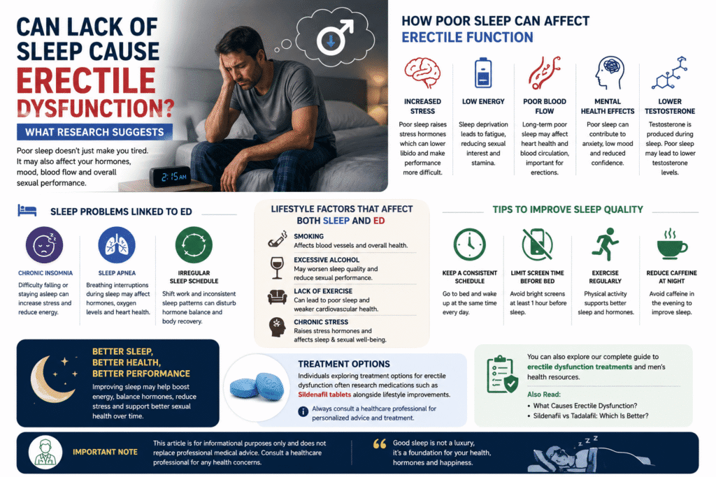 Medical infographic showing the connection between poor sleep quality, testosterone levels, stress, fatigue and erectile dysfunction in men.