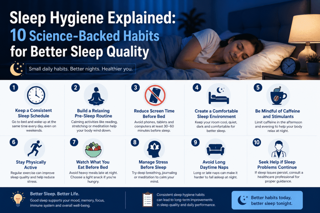 Infographic showing 10 science-backed sleep hygiene habits to improve sleep quality, bedtime routine and overall sleep health.