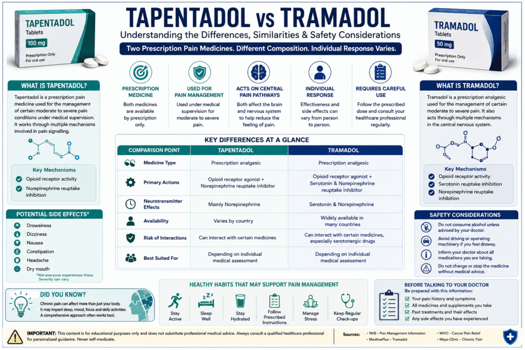 Educational comparison infographic explaining Tapentadol vs Tramadol, including similarities, differences and safety considerations.