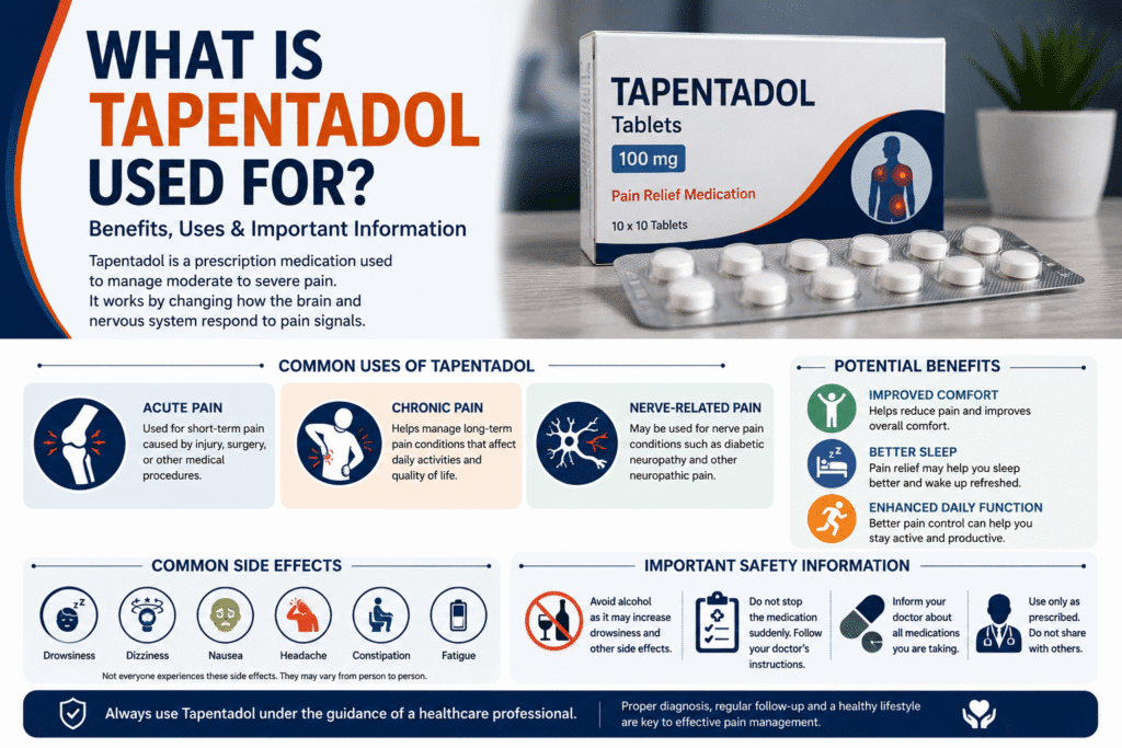 Tapentadol tablets infographic explaining common uses, pain relief benefits, chronic pain management, nerve pain treatment and important safety information.