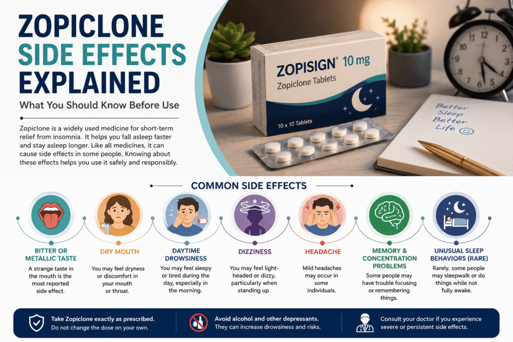 Zopiclone side effects explained including dry mouth, dizziness, headache, daytime drowsiness and memory problems.
