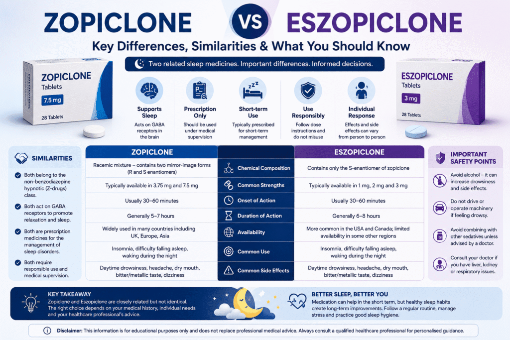 Comparison infographic showing Zopiclone vs Eszopiclone, highlighting key differences, similarities, common uses and important safety considerations.