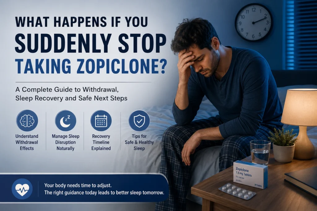What Happens If You Suddenly Stop Taking Zopiclone? Complete Recovery Guide Illustration showing sleep recovery after stopping Zopiclone with a calm bedroom scene and moonlit background.