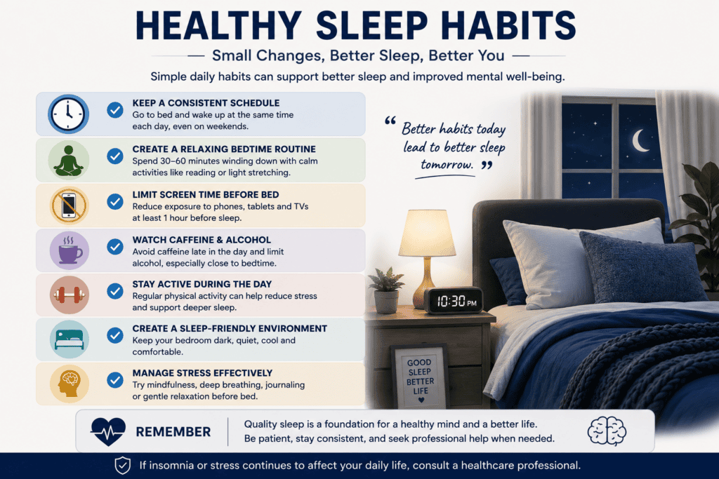 Checklist infographic showing healthy bedtime habits that may support better sleep quality.