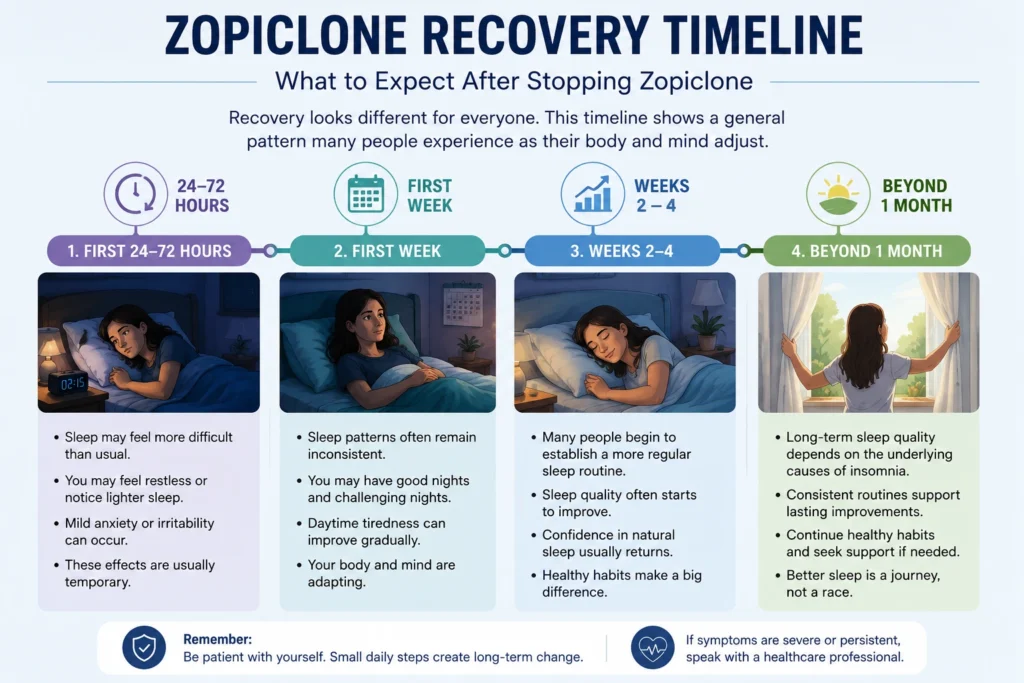 Sleep Recovery Timeline After Stopping Zopiclone Infographic showing a general recovery timeline after stopping Zopiclone from the first few days to several weeks.