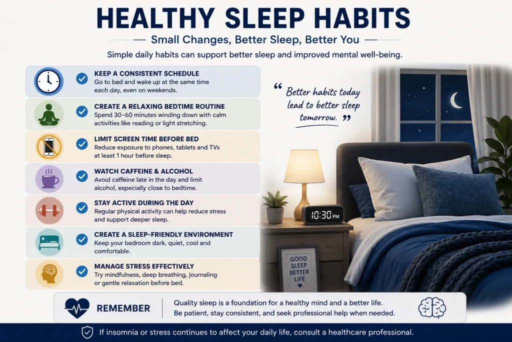 Checklist infographic showing healthy bedtime habits that may support better sleep quality.