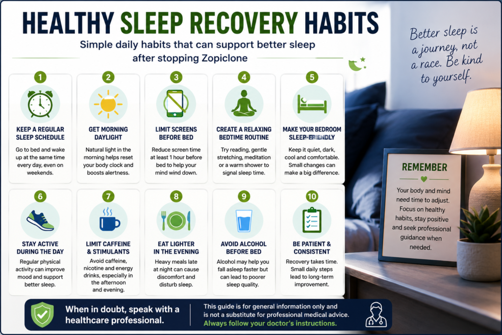 Checklist infographic showing healthy sleep habits that may support recovery after stopping Zopiclone.
