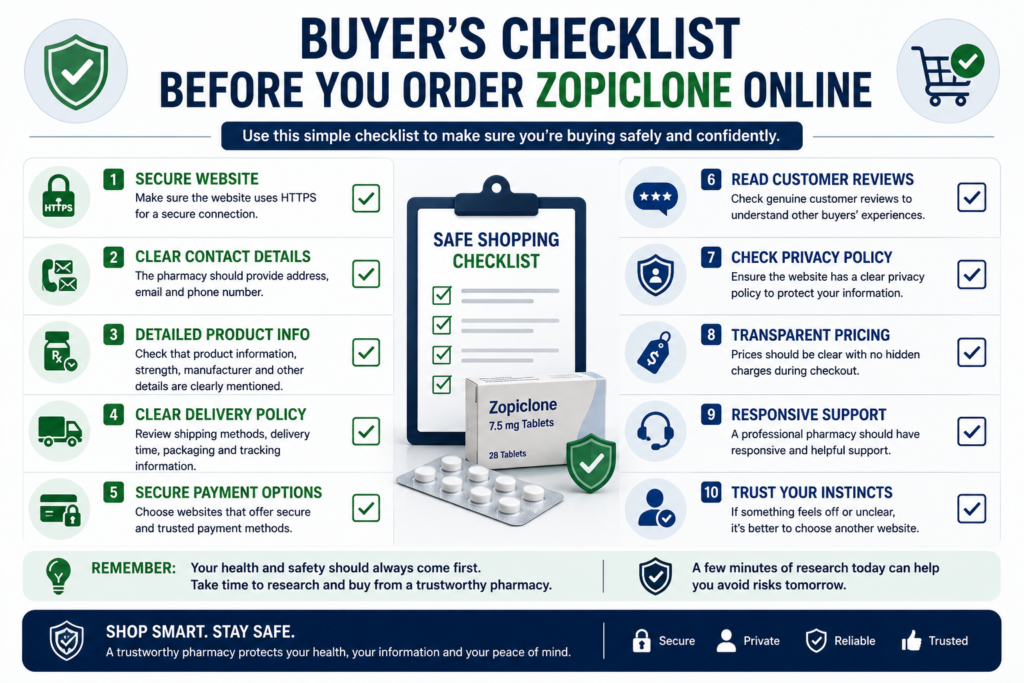 Checklist infographic showing important safety checks before buying Zopiclone online.