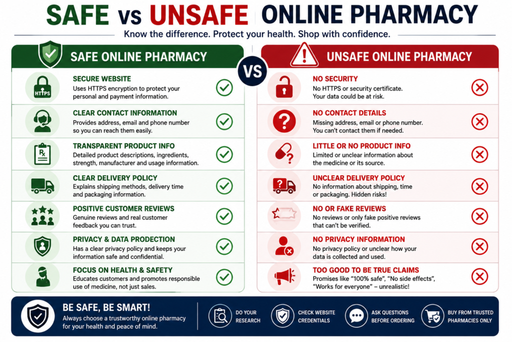 Infographic comparing the features of a safe online pharmacy with warning signs of an unsafe pharmacy website.