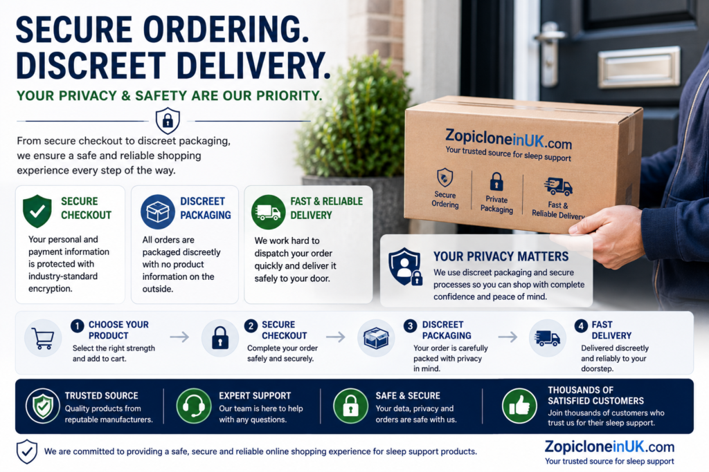 Illustration showing secure online ordering, discreet packaging and reliable delivery for Zopiclone purchases.