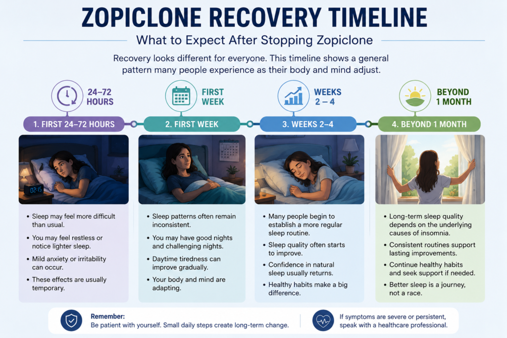 Infographic showing a general recovery timeline after stopping Zopiclone from the first few days to several weeks.